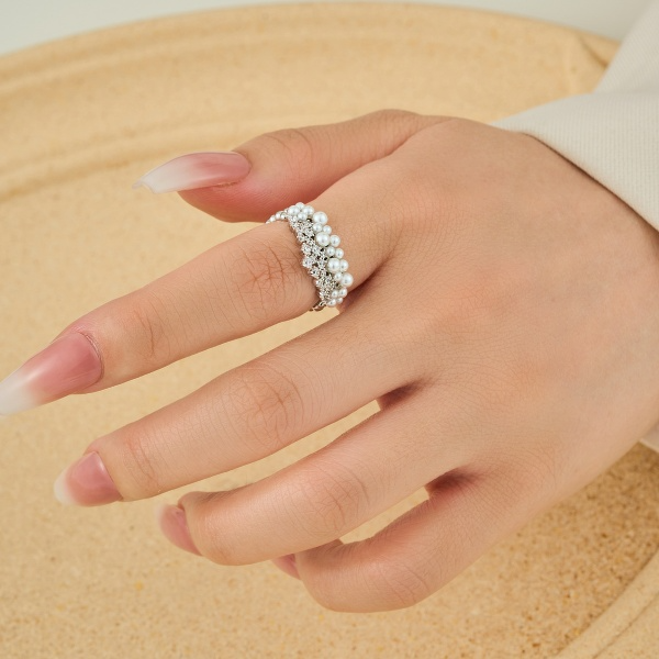 Pearl Diamond Open Cuff Ring