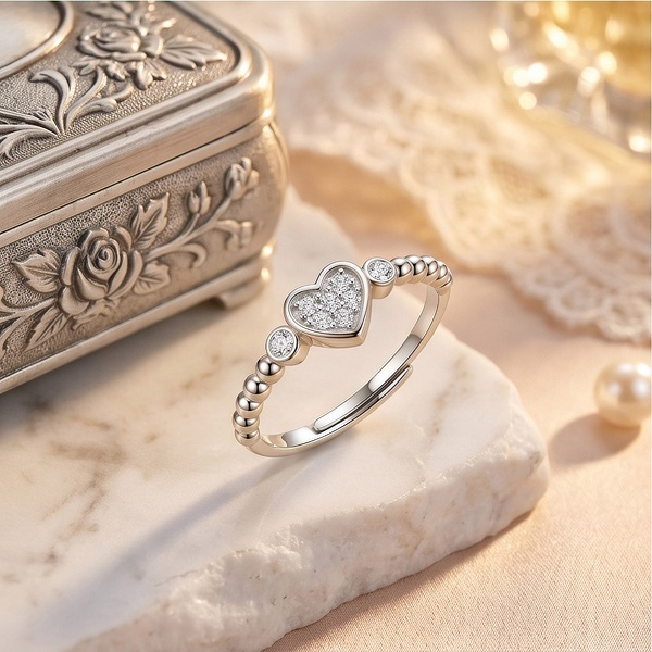 Heart Beaded Diamond Ring